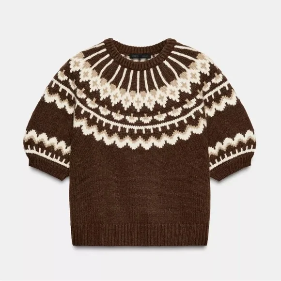 Zara Chocolate and Cream SHORT SLEEVE JACQUARD KNIT SWEATER fair isle sz small - Picture 7 of 8